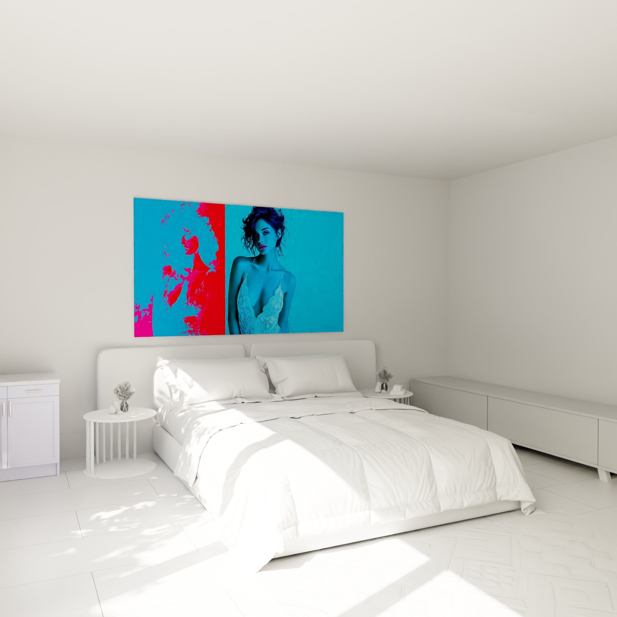 Silhouette bleu cyan et rouge vif d'une femme en dentelle, accrochée au-dessus d'un lit dans une chambre claire