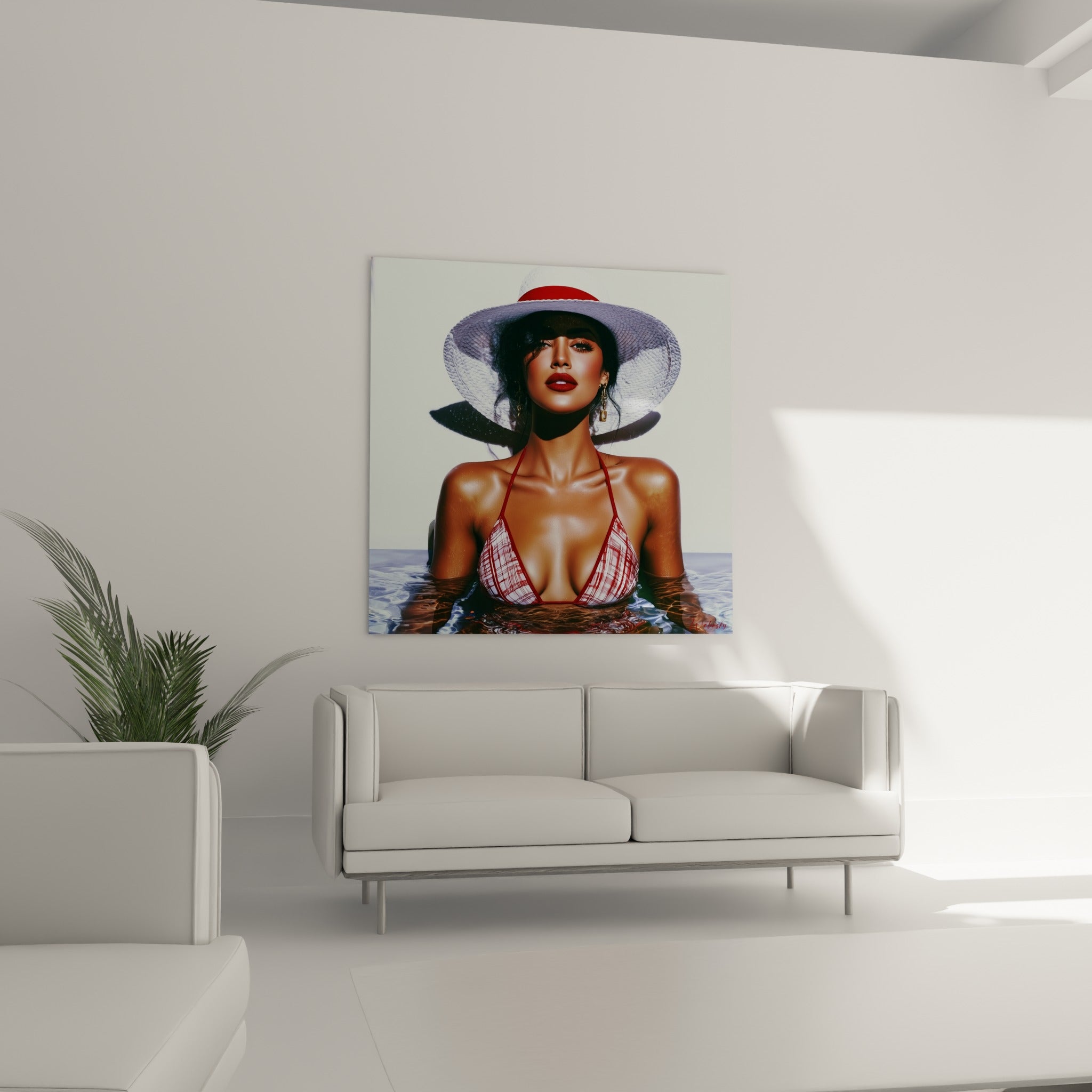 Silhouette sensuelle en bikini rouge et chapeau blanc accrochée au-dessus d'un canapé dans un salon lumineux