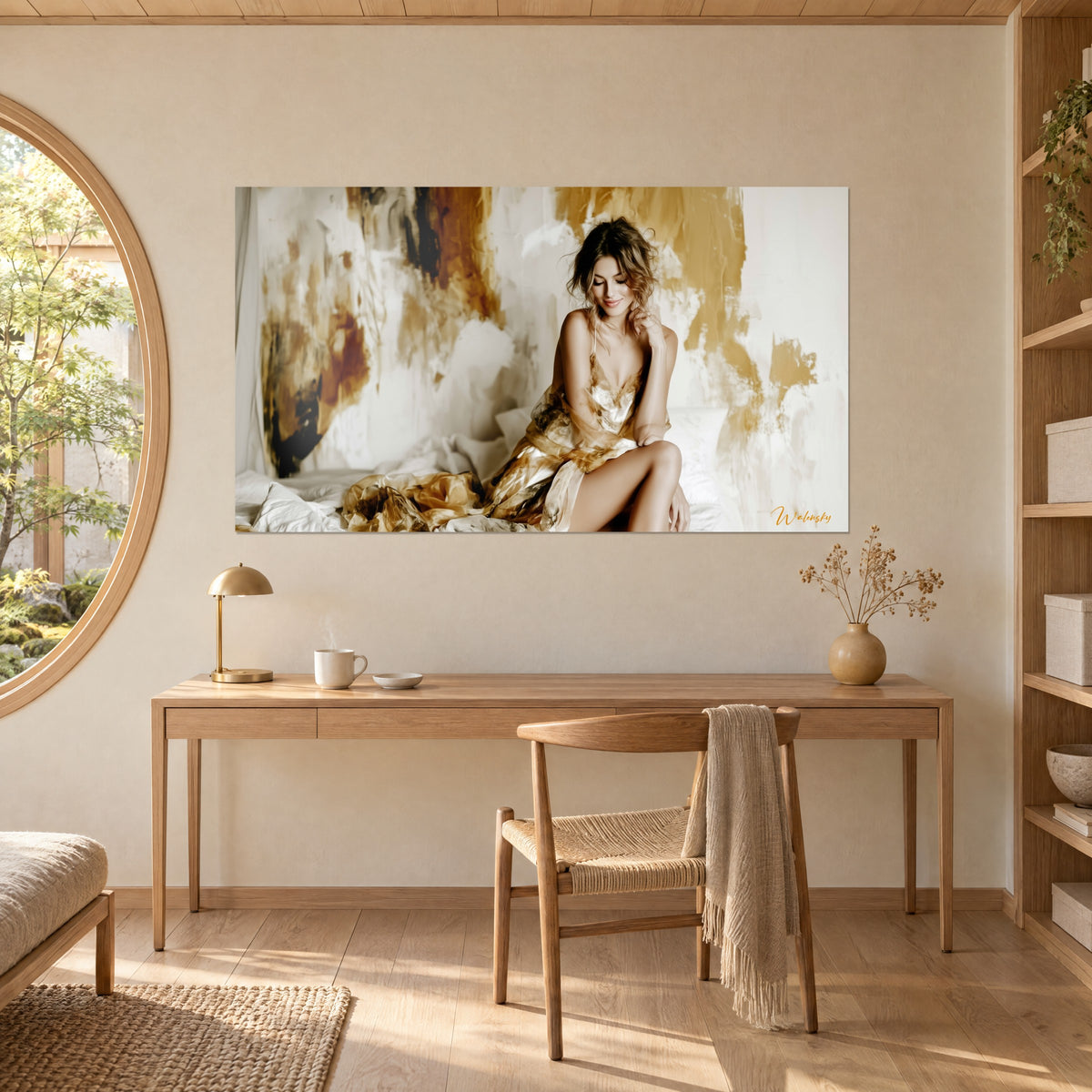 Schilderij van een sensuele silhouet in gouden zijde, geknikt been, okerkleurige en bruine accenten op een crèmekleurige achtergrond, gehangen in een lichte eiken kantoor met ronde raam