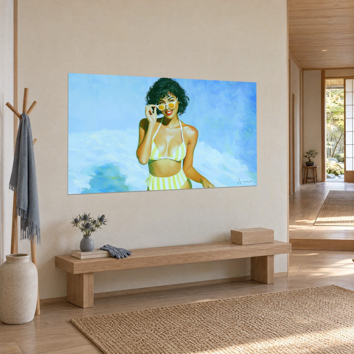 Wall art brunette pin-up with curly hair lowering her glasses, yellow and white bikini, azure background, three-quarter view, Japandi style