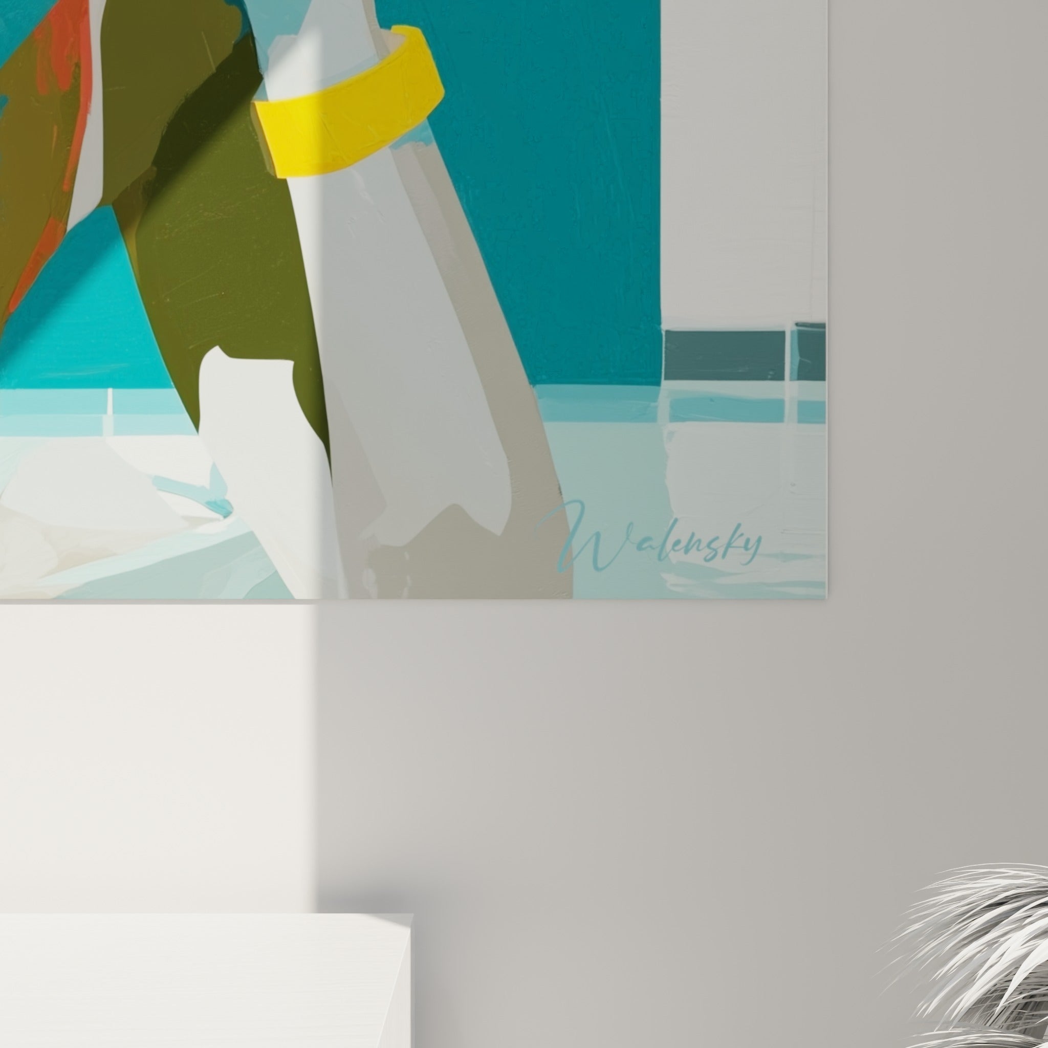 Détail des aplats jaune, corail et turquoise, texture lisse et contours nets de l'impression sur toile