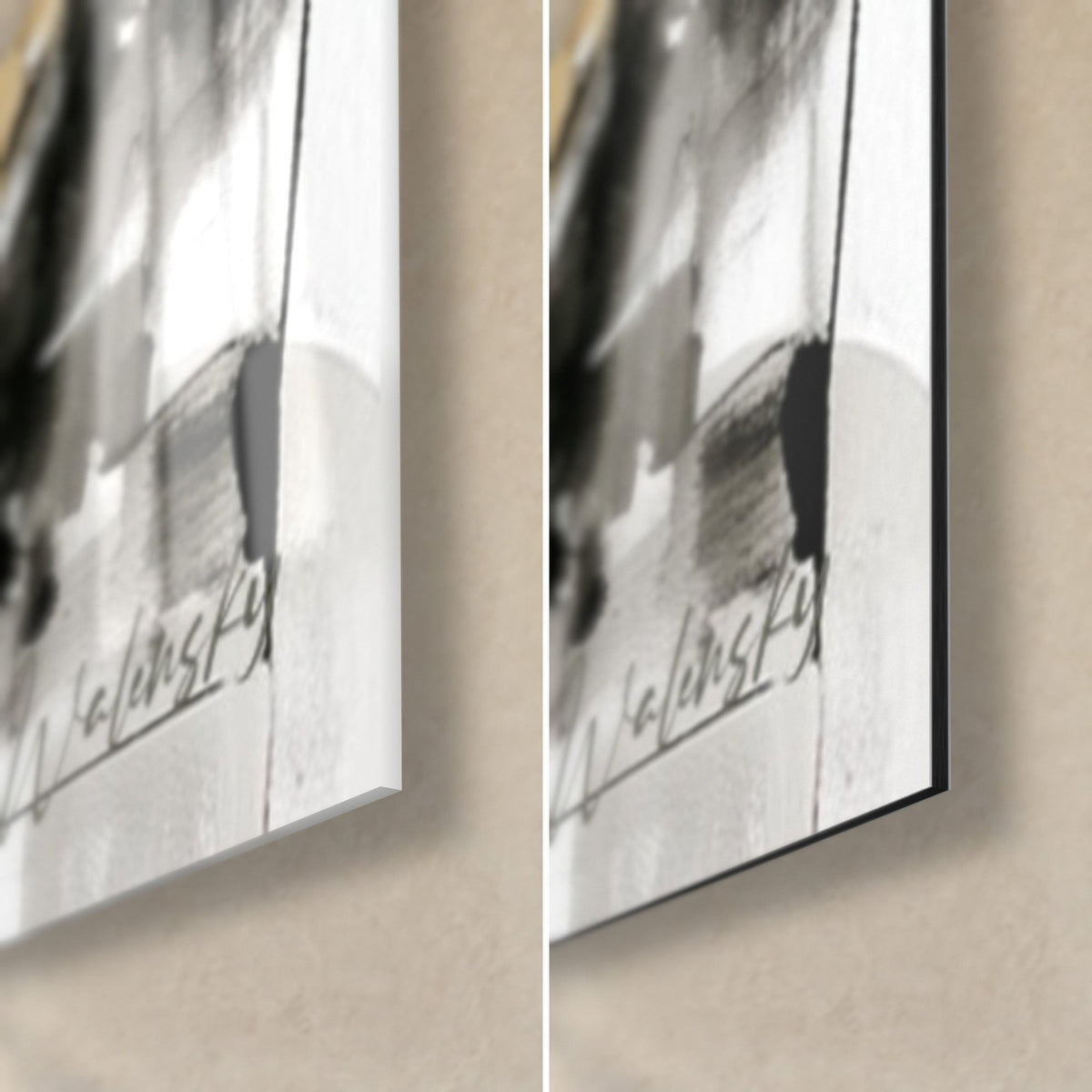 Wall art of a brunette in a black nightgown, bottom right corner: glossy acrylic glass on the left, matte brushed Dibond aluminium on the right, 3 mm black edge