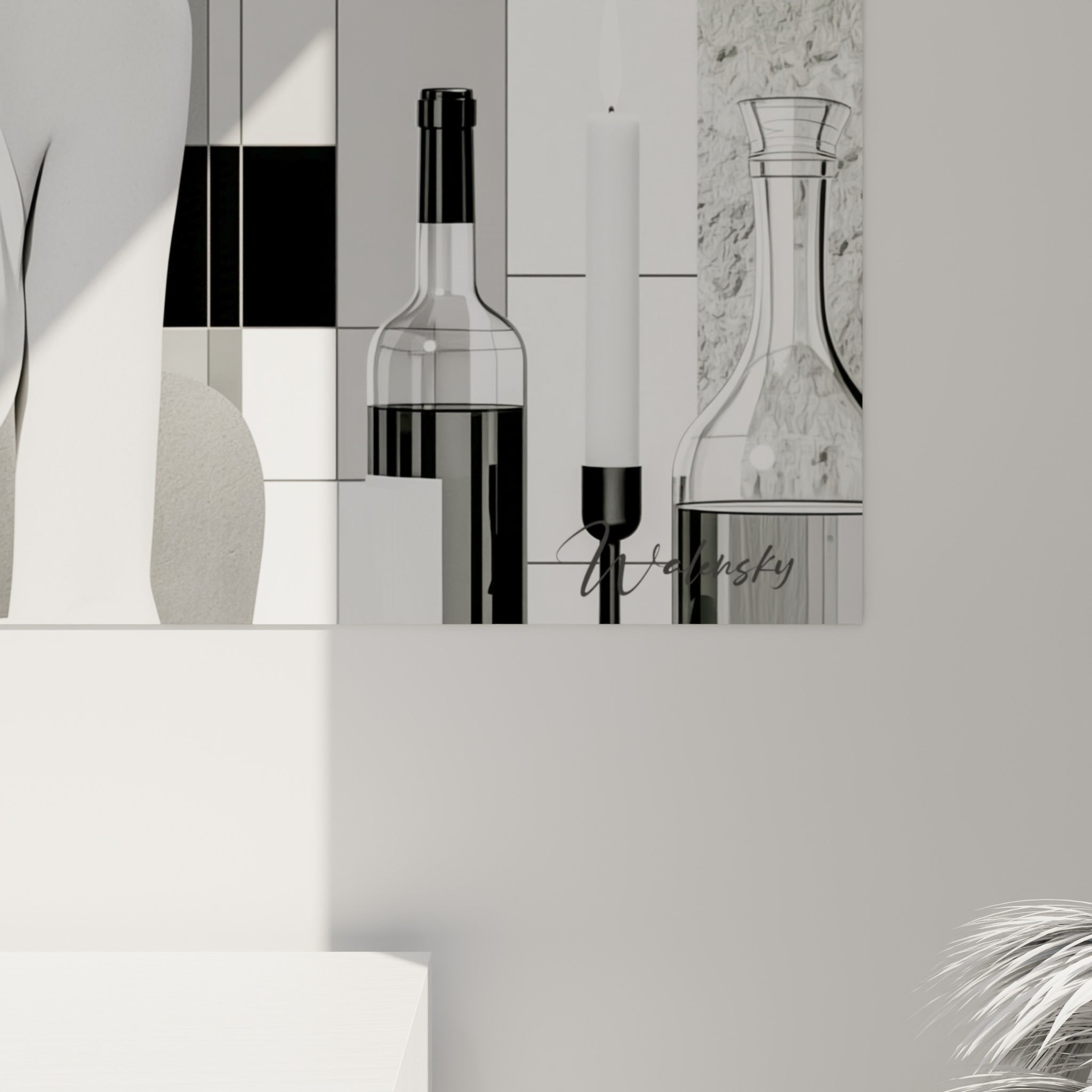 Empâtements noirs et blancs du damier architectural, grain fin sur la peau et les plis du tissu blanc