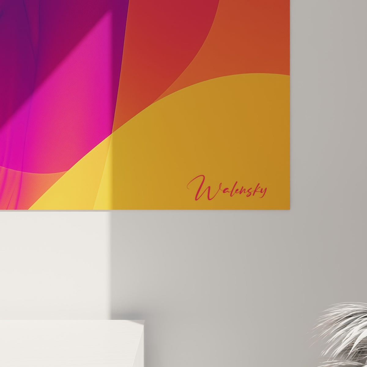 Détail des dégradés chromatiques orange, pourpre et jaune qui se fondent en transparence sur la toile