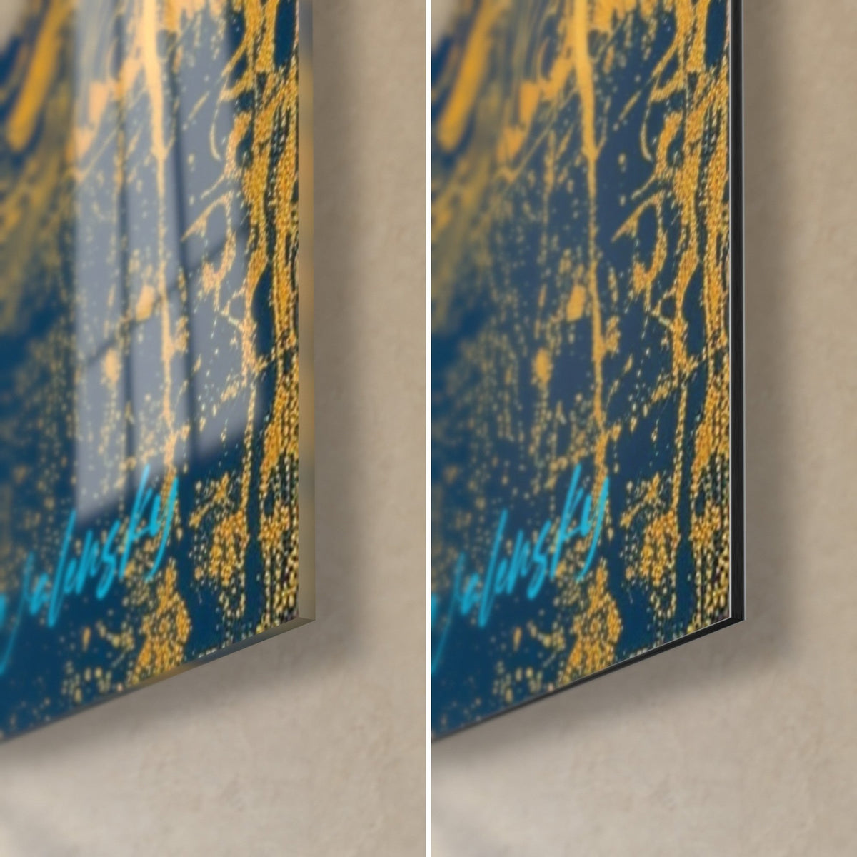 Gemälde Frauenporträt in Blau und Ocker, Ecke unten rechts aus glänzendem Glas links und mattem Dibond rechts, 3 mm Kante, türkisfarbene Signatur