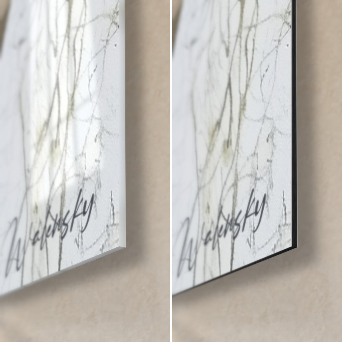 Wall art of a female portrait in black lace, bottom right corner: glossy glass on the left, matte black Dibond on the right, Walensky signature