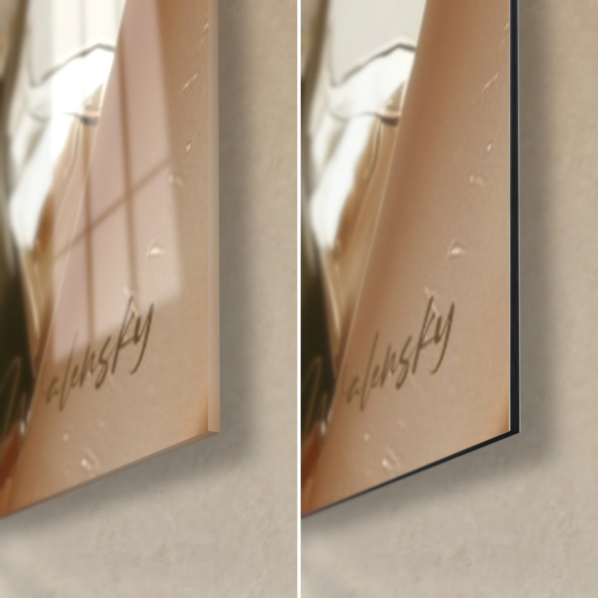 Tableau beauté en bustier doré, coin bas droit : verre acrylique brillant aux reflets, alu Dibond mat noir, tranche de 3 mm