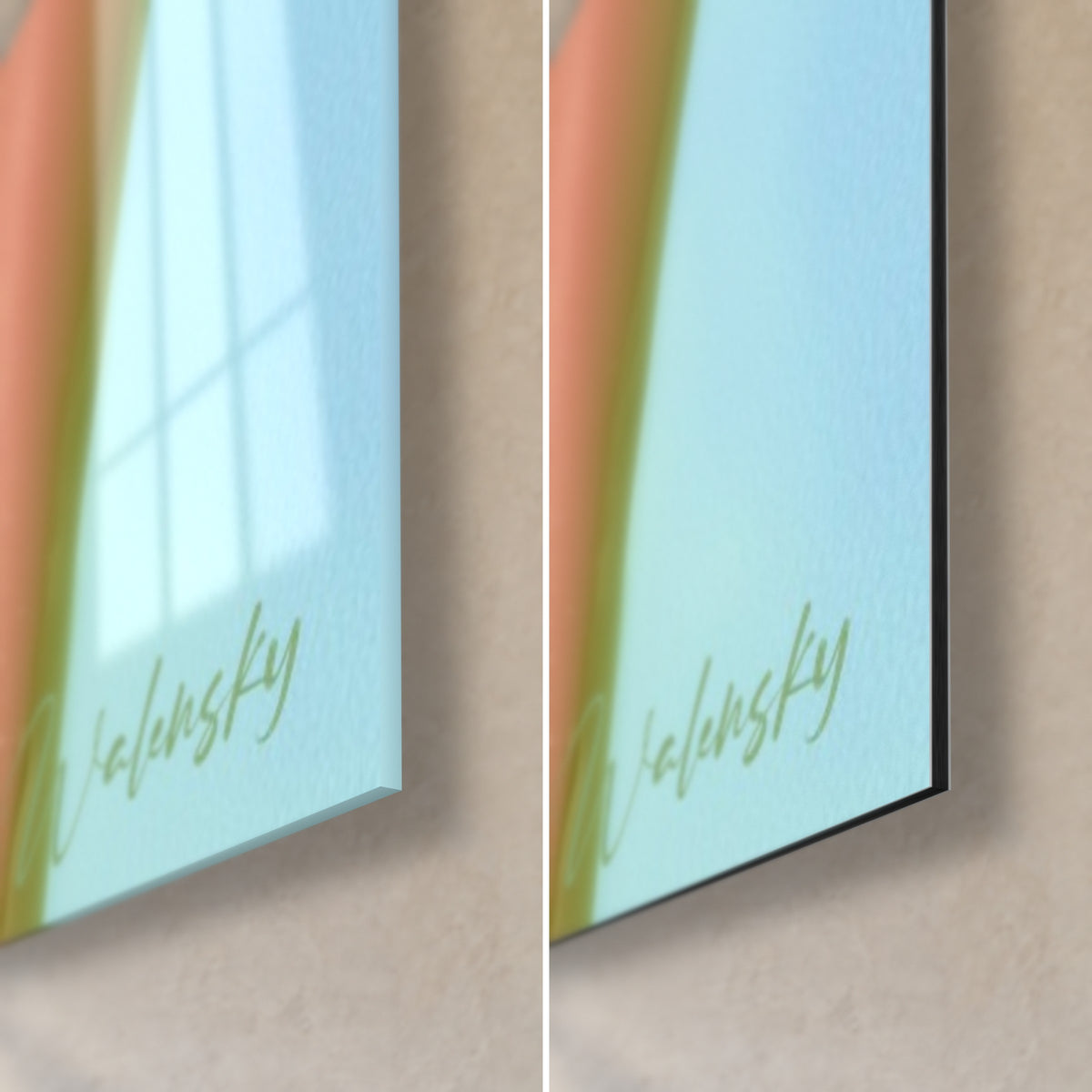 Quadro bagnante in bikini verde lime, angolo in basso a destra: vetro acrilico lucido e Dibond in alluminio blu opaco, spessore 3 mm