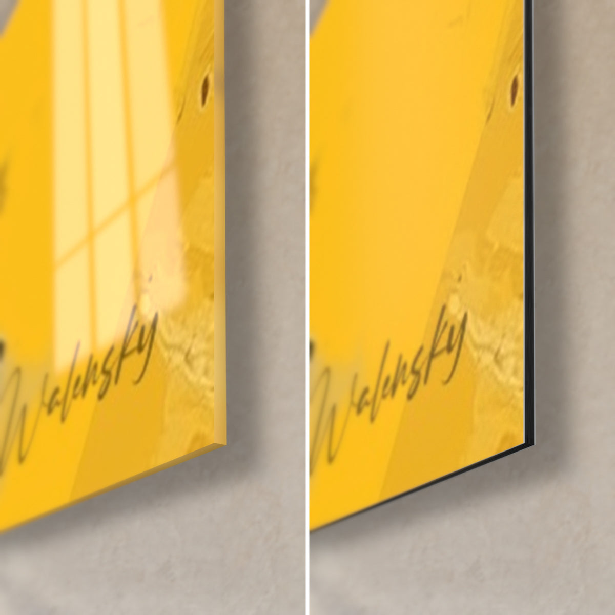 Wall art yellow and black male portrait, bottom right corner: glossy acrylic glass on the left, matte aluminium Dibond on the right, 3 mm edge and Walensky signature