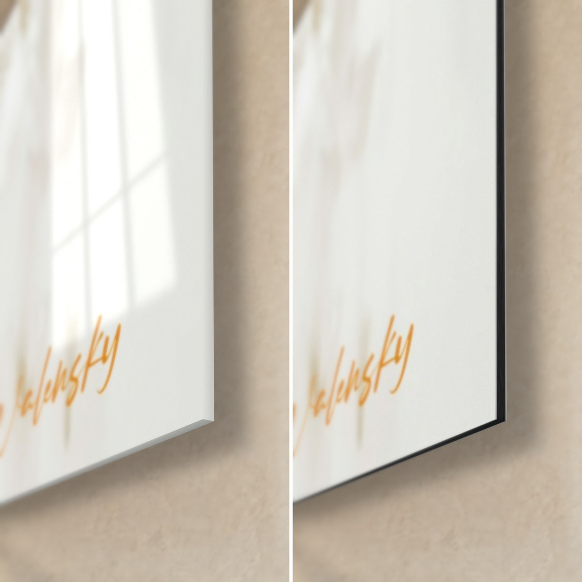 Schilderij van een elegante vrouw in een gouden nachtjapon, rechter benedenhoek, oranje Walensky-handtekening op glanzend acrylglas links en mat zwart Dibond rechts