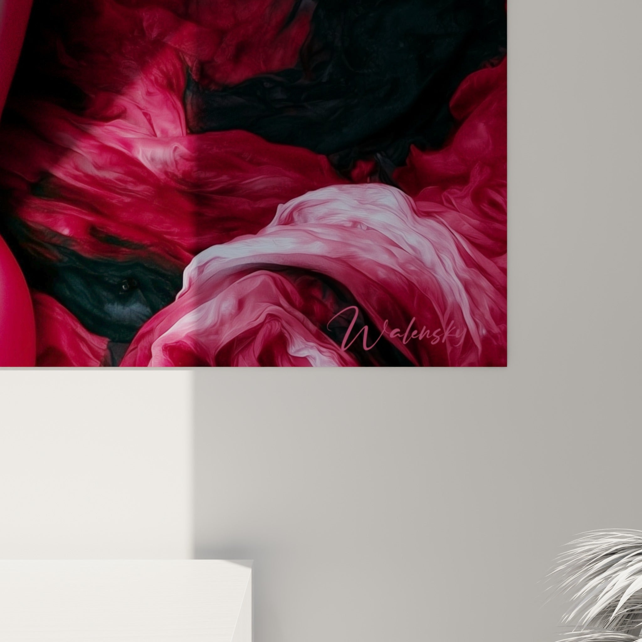 Volutes de fumée peintes en rouge sombre et noir profond, textures fluides et empâtements visibles sur la toile