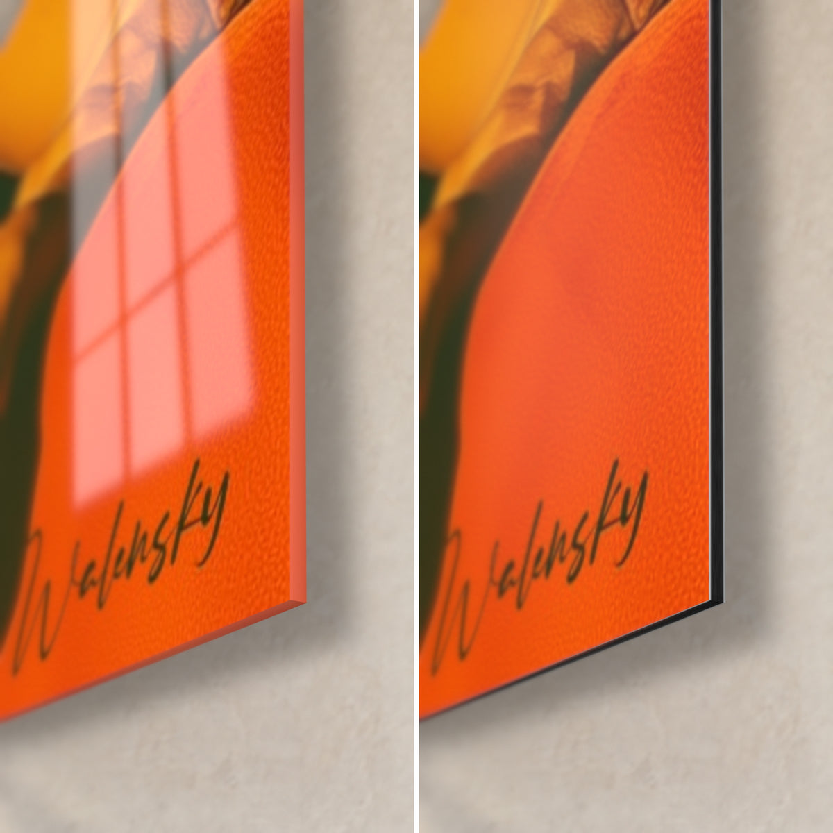 Tableau silhouette orange en satin, coin bas droit en verre brillant et Dibond mat noir, signature Walensky, tranche de 3 mm