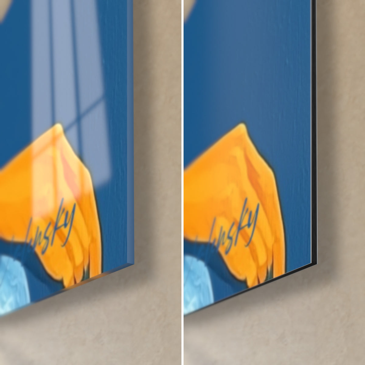 Tableau jeune femme à la main orangée, coin bas droit en verre brillant avec reflets et alu Dibond mat, tranche de 3 mm visible