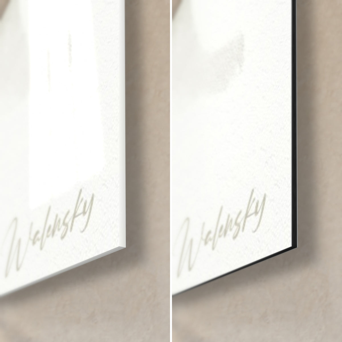 Tableau portrait féminin en robe noire, coin bas droit : signature Walensky dorée, verre brillant à gauche, Dibond mat à droite