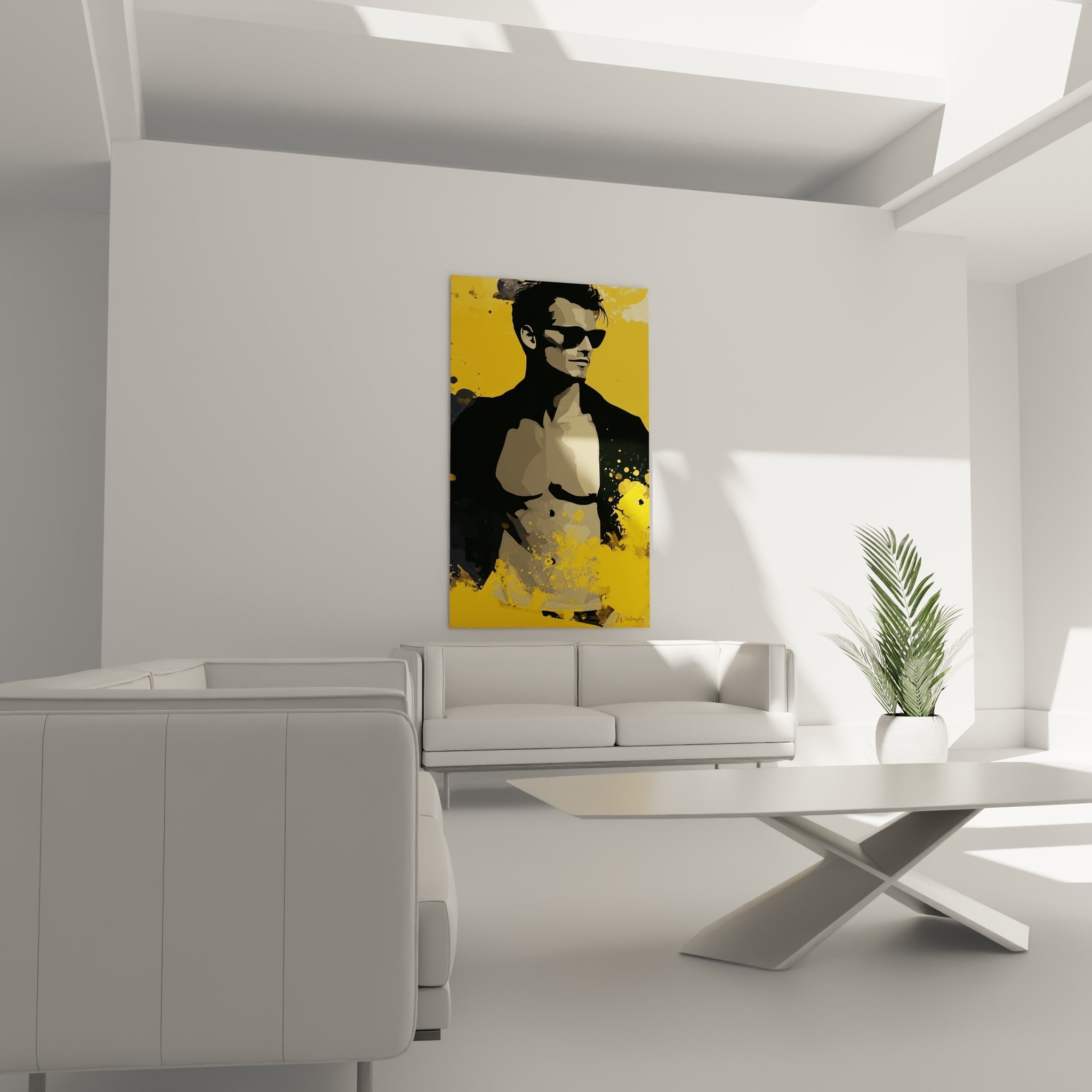 Torse dévoilé sous veste sombre, tableau sexy moutarde et beige accroché au-dessus d'un canapé dans un salon lumineux