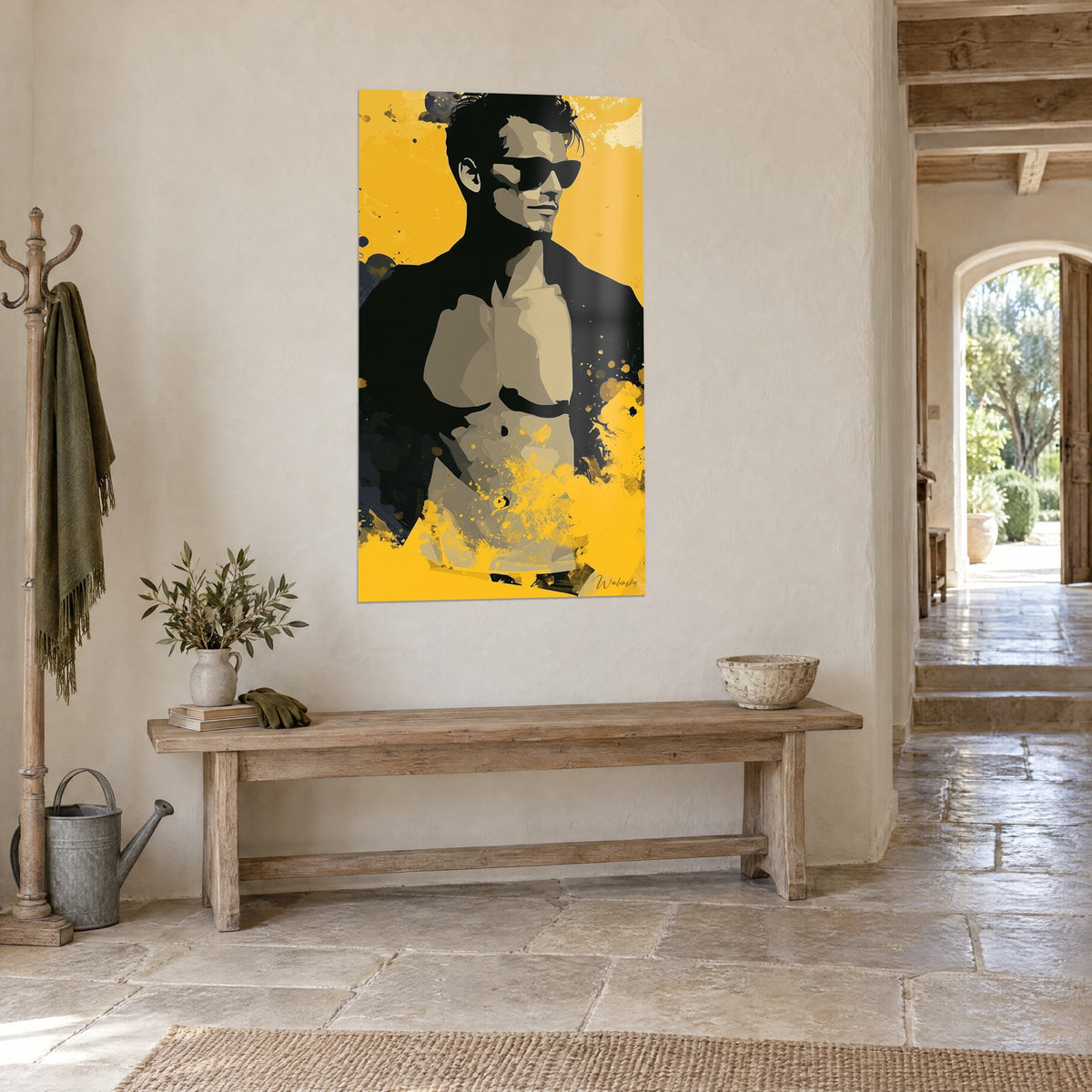 Wall art male silhouette in tinted glasses, grey and black bust on mustard yellow background, stone wall and wooden bench, three-quarter view