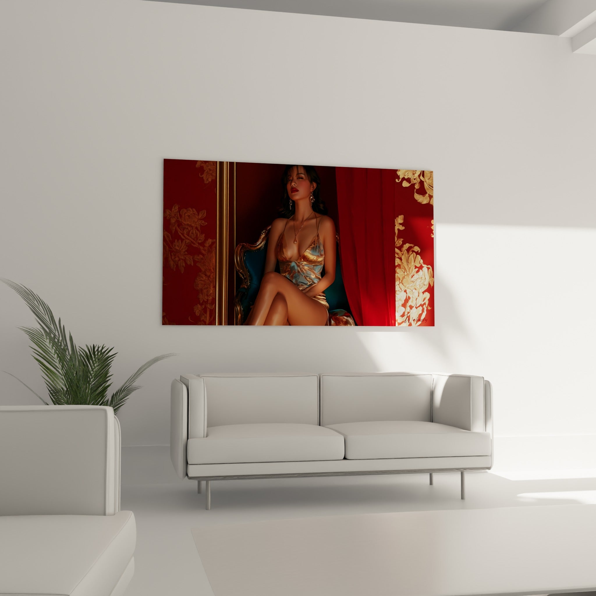 Portrait sensuel aux tons rouge et doré, disposé au-dessus d'un canapé dans un salon lumineux