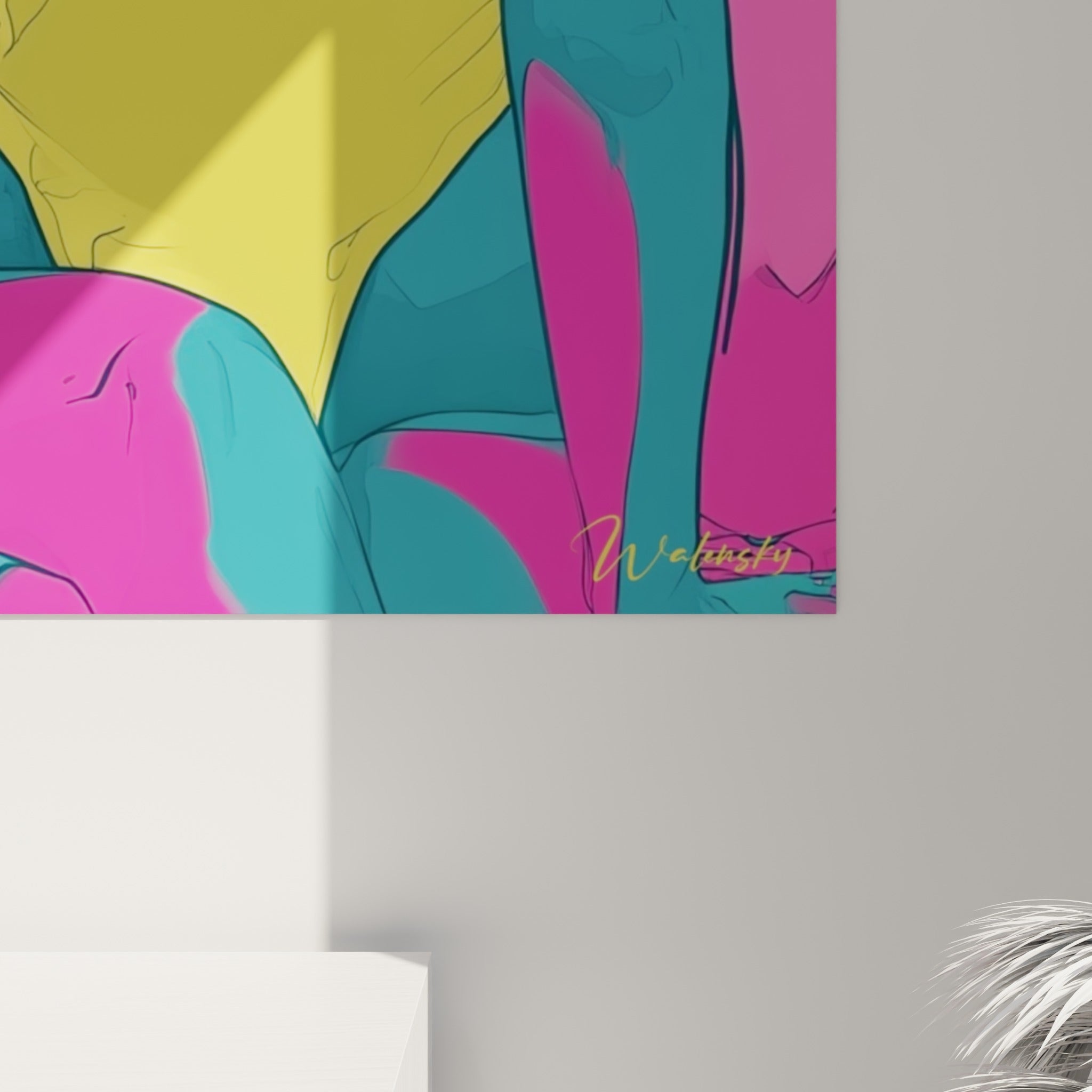 Détail du visage aux mèches jaunes et roses, traits nets et couleurs saturées vues de près sur la toile