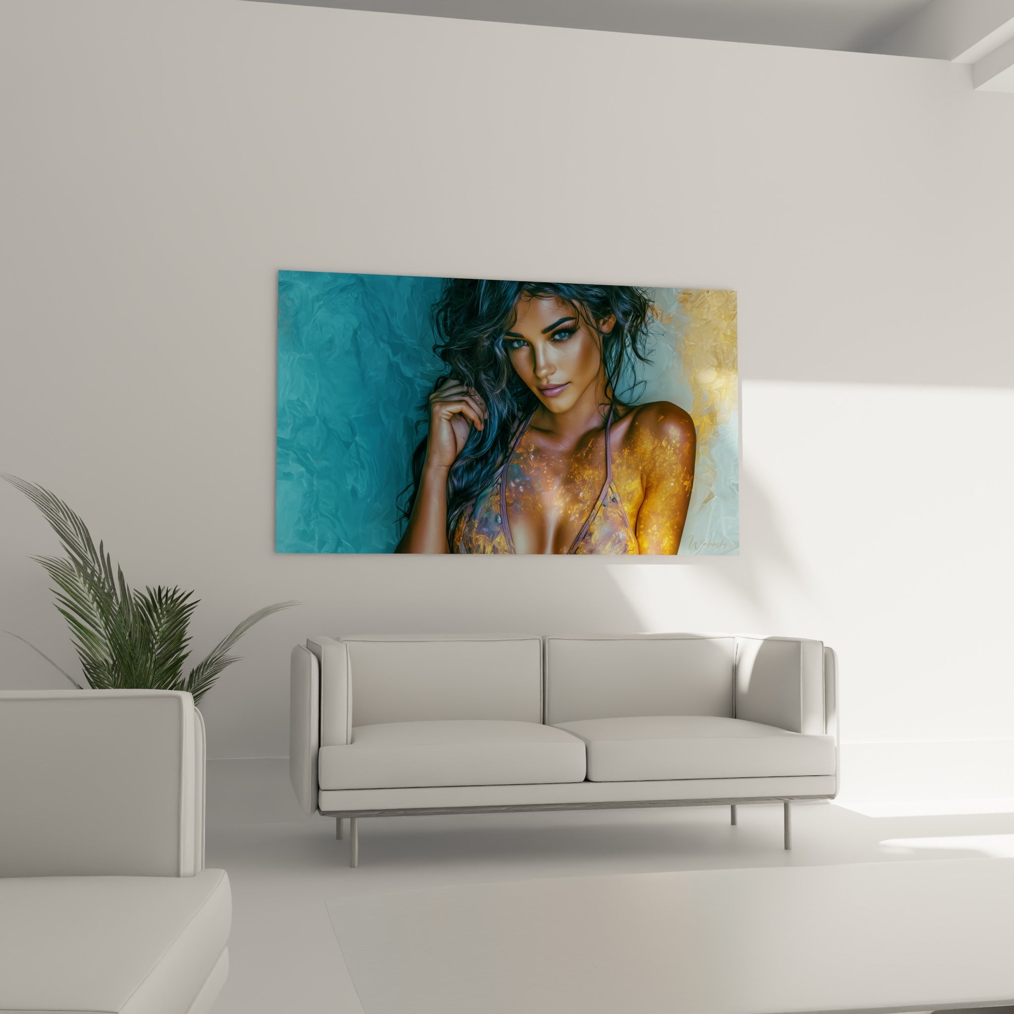 Visage féminin aux reflets métalliques dorés suspendu au-dessus d'un canapé dans un salon lumineux