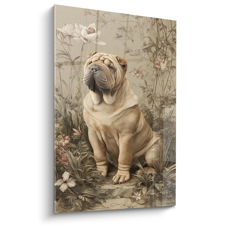 Shar Pei Kunstdruck in Beige mit Vintage-Blumendeko - Kontemplatives Porträt - Shar Pei Edition