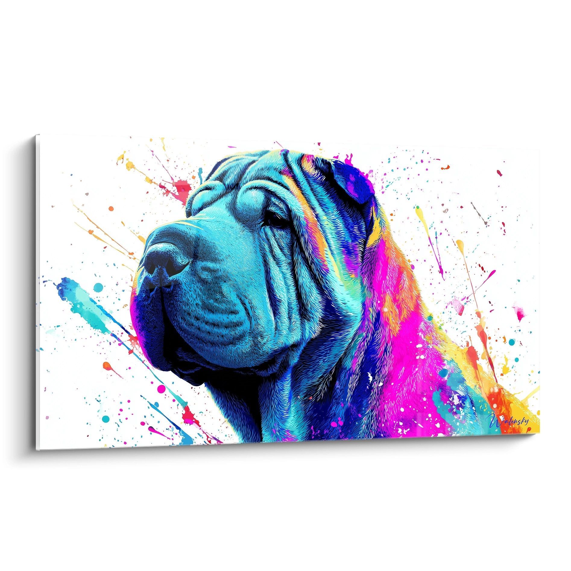 Portrait artistique Shar Pei bleu turquoise avec éclaboussures roses et dorées sur fond blanc moderne