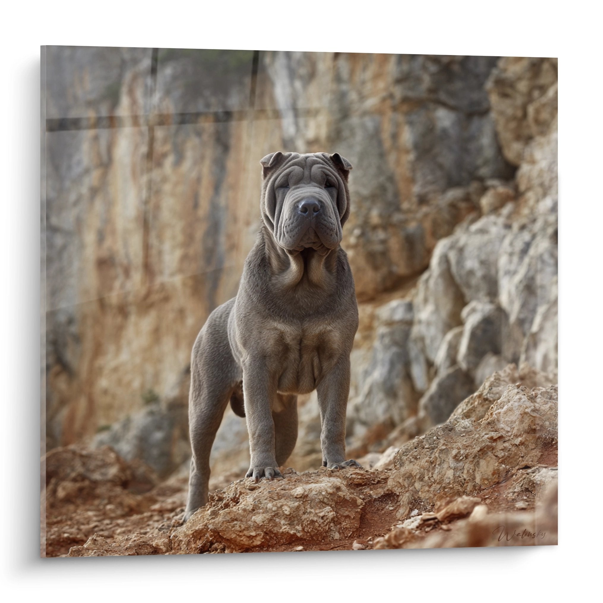 Tableau Shar Pei bleu-gris majestueux posé sur rochers ocre avec arrière-plan rocheux naturel