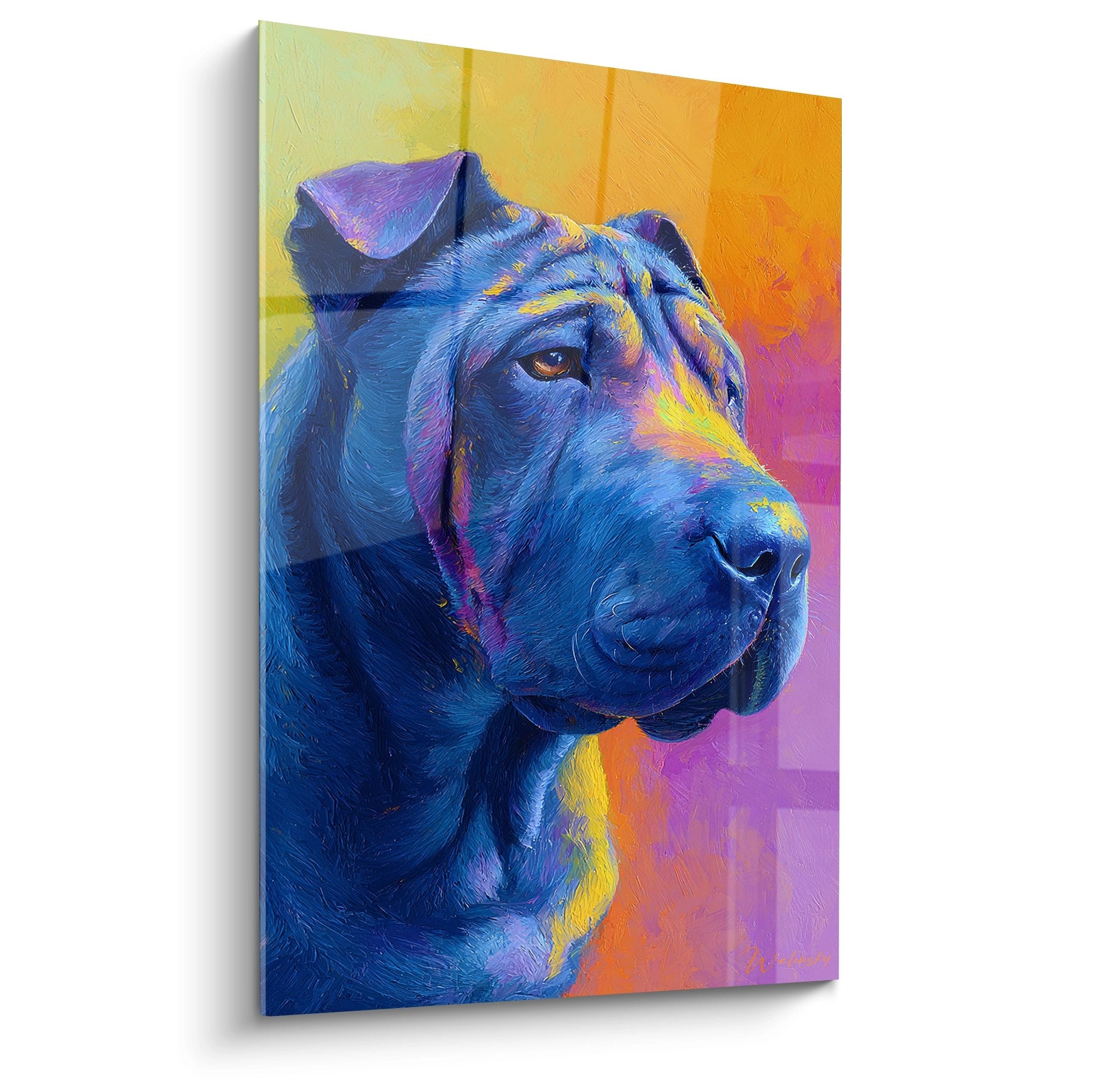 Portrait expressionniste de Shar Pei aux couleurs bleues et violettes sur fond dégradé jaune et rose