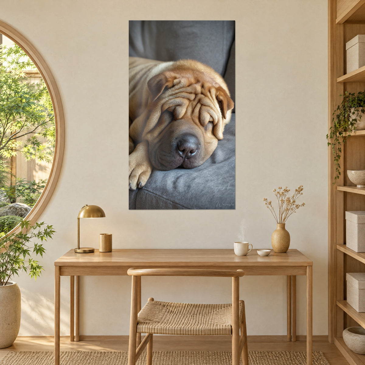 Quadro di un cane rugoso e assonnato dal pelo color miele su sfondo grigio ardesia, appeso accanto a uno specchio tondo, scrivania in legno e lampada in ottone