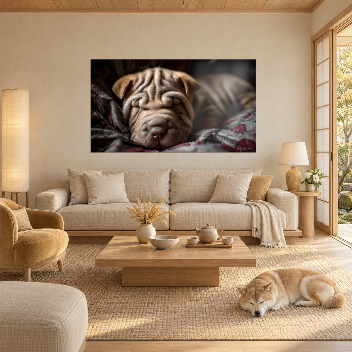 Πίνακας κοιμισμένο κουτάβι Shar Pei, ροζ μουσούδα και μπεζ ζάρες, πάνω σε μπορντό ύφασμα πάνω από καναπέ σε φωτεινό σαλόνι