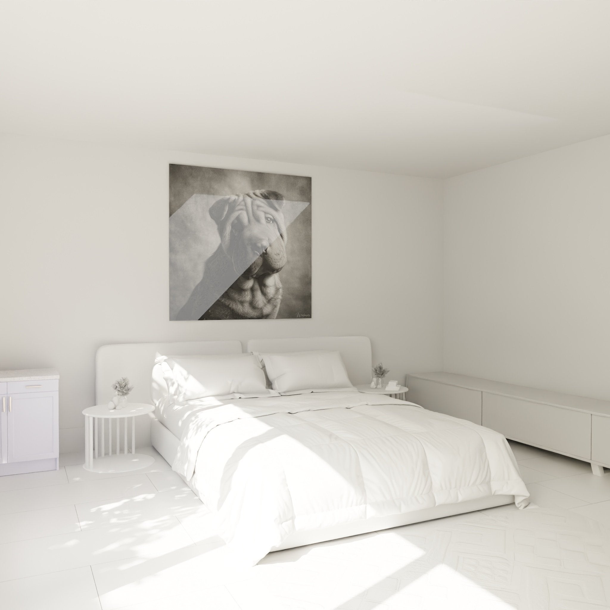Tableau Shar Pei noir et blanc décorant chambre moderne mur blanc ambiance apaisante art photographique contemporain