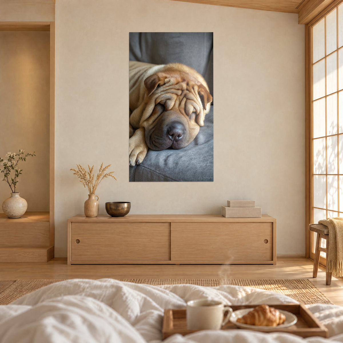 Quadro ritratto di uno shar pei assopito, rughe ambrate e muso antracite, di fronte a un vassoio per la colazione, sopra un letto in una camera luminosa