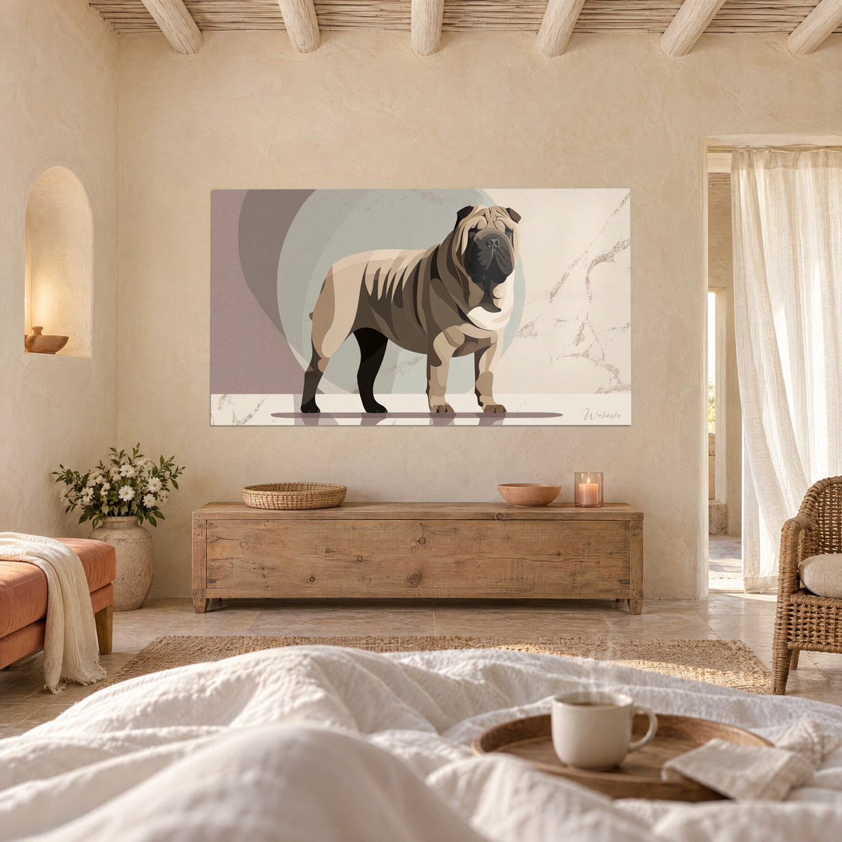 Πίνακας τσαλακωμένου Mastiff σε αποχρώσεις καμέλ και σοκολάτας, ανοιχτοπράσινος δίσκος και ελεφαντοστέινο μάρμαρο, πάνω από κρεβάτι σε φωτεινή κρεβατοκάμαρα
