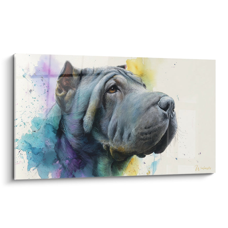 Tableau Shar Pei Levant les Yeux avec Aquarelle Colorée - Regard Contemplatif - Edition Shar Pei
