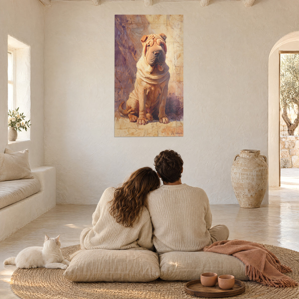 Πίνακας Shar Pei με χρυσές πτυχές σε πορφυρό φόντο, αγκαλιασμένο ζευγάρι από πλάτη πάνω σε μαξιλάρια, λευκή γάτα ξαπλωμένη δίπλα σε πλεκτό καλάμι