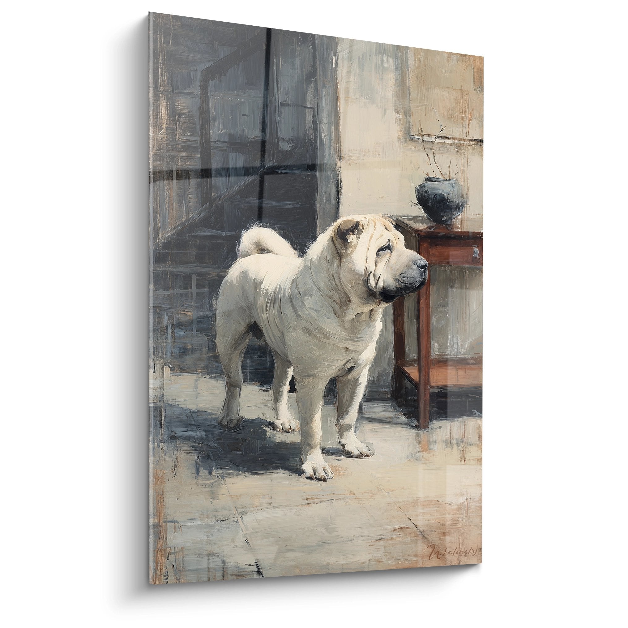 Tableau artistique Shar Pei beige dans intérieur contemporain avec meuble bois et tons gris neutres