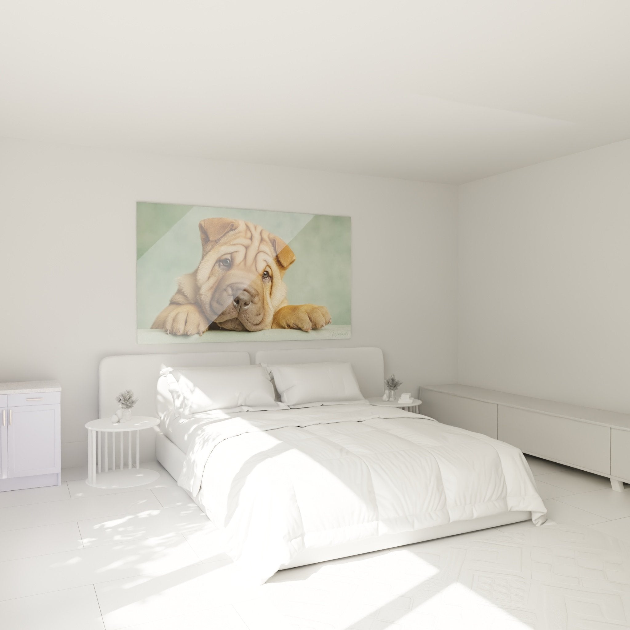 Tableau chiot Shar Pei doré décorant chambre moderne aux tons neutres, ambiance chaleureuse et apaisante