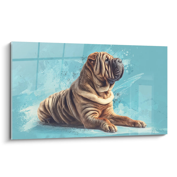 Cuadro de Perro Plisado en Tonos Dorados sobre Fondo Turquesa - Elegancia Canina - Edición Shar Pei