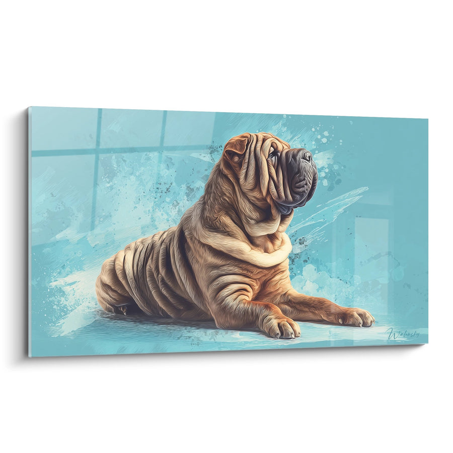 Tableau Chien Ridé aux Tons Dorés sur Fond Turquoise - Élégance Canine - Edition Shar Pei