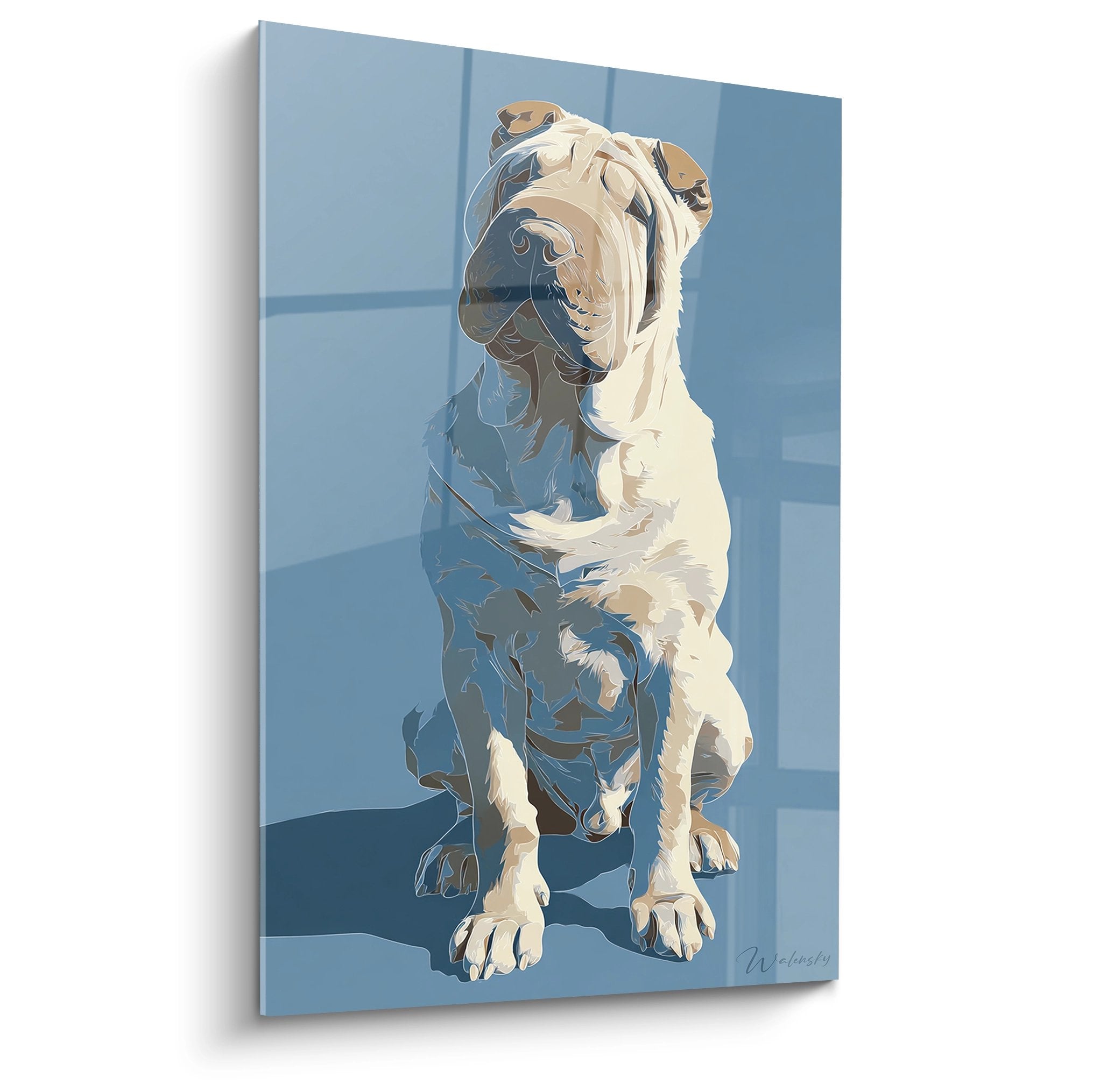 Portrait stylise chien Shar Pei assis sur escalier bleu tons poudrés style moderne artistique