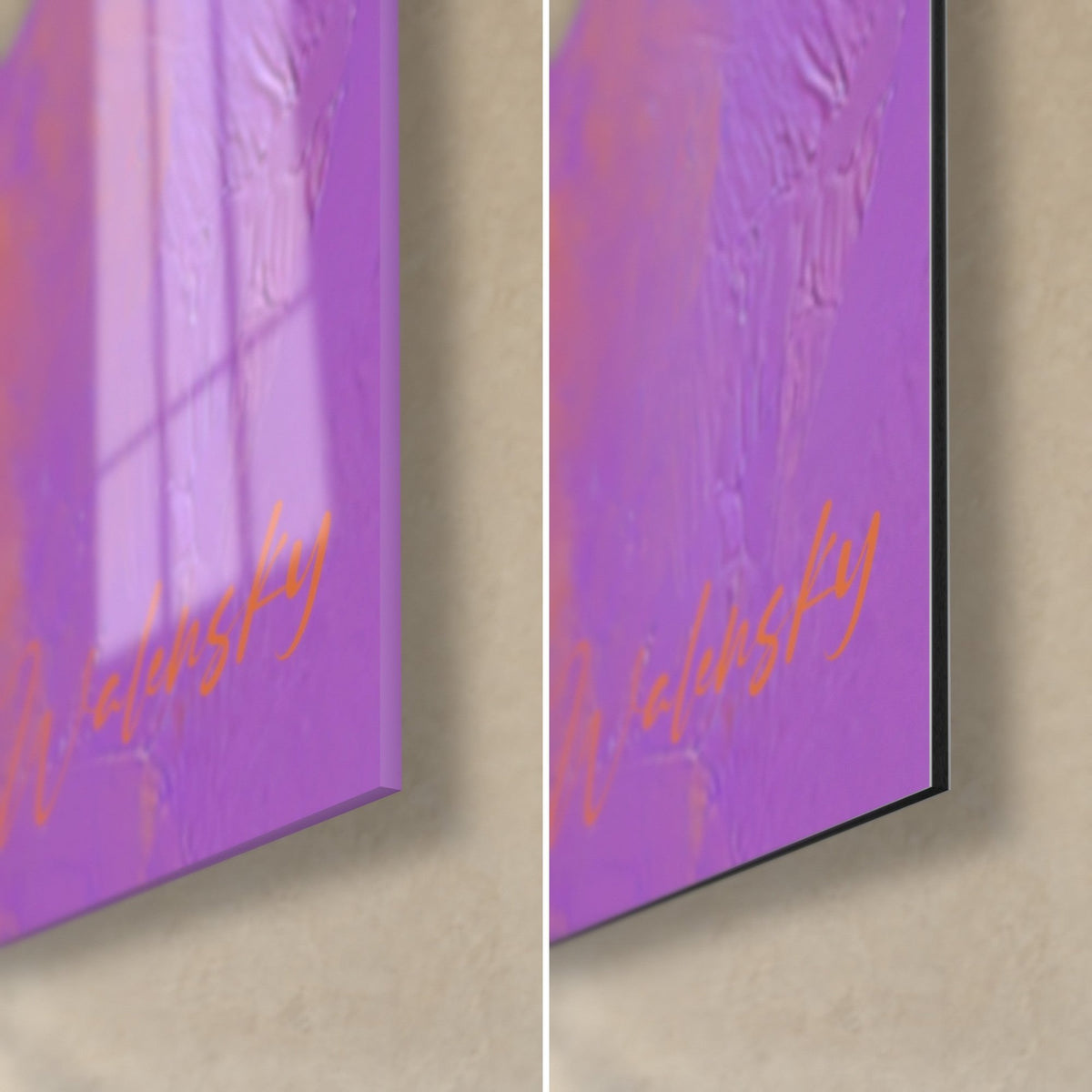 Tableau shar-pei bleu et violet, coin bas droit : verre acrylique brillant à gauche, alu Dibond mat à droite, tranche de 3 mm