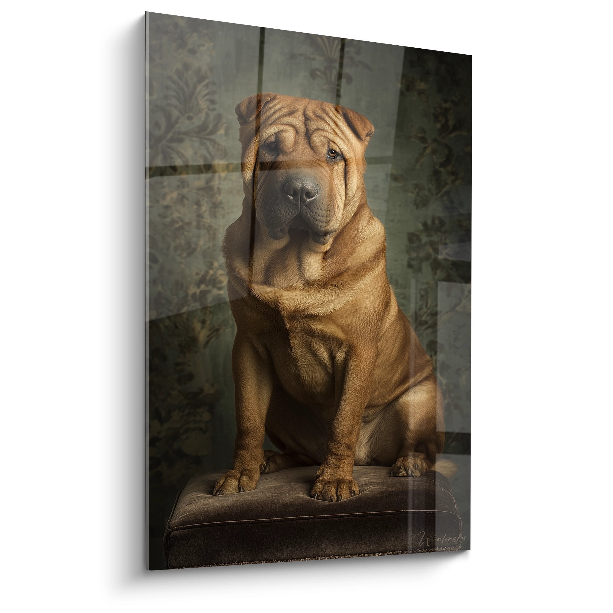 Portrait de Shar Pei fauve au regard noble assis sur coussin sombre, tableau art canin contemporain décoratif