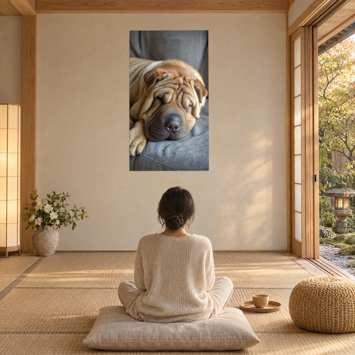 Quadro di un cane dalle pieghe dorate che dorme su un divano grigio, donna di spalle seduta su un cuscino, tatami e giardino zen