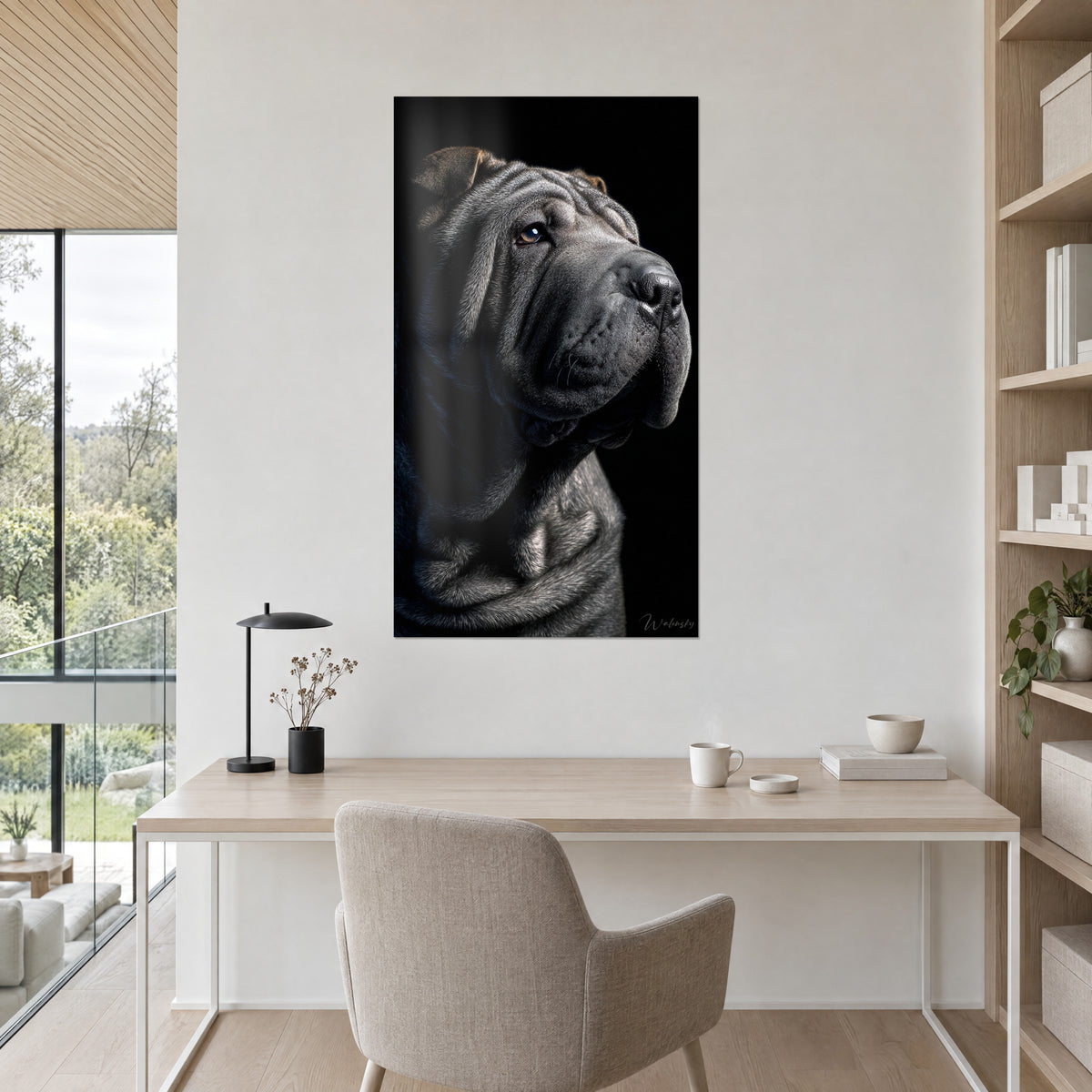 Quadro testa di cane rugoso, pelo grigio acciaio, muso nero e sguardo dorato rivolto in alto, sfondo nero, sopra una scrivania in legno chiaro