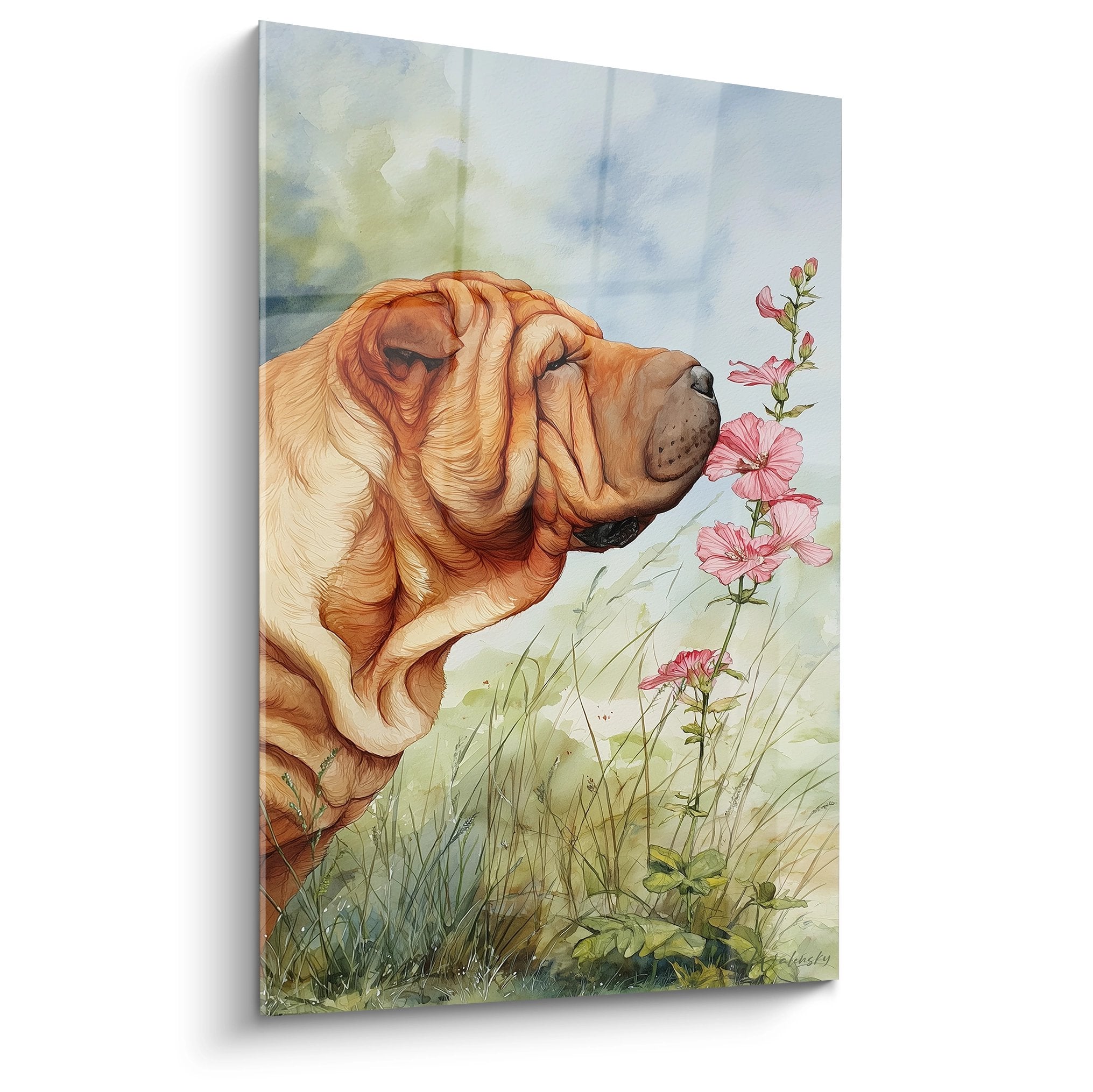 Portrait aquarelle d'un Shar Pei doré de profil avec fleurs roses sur fond bleu pastel