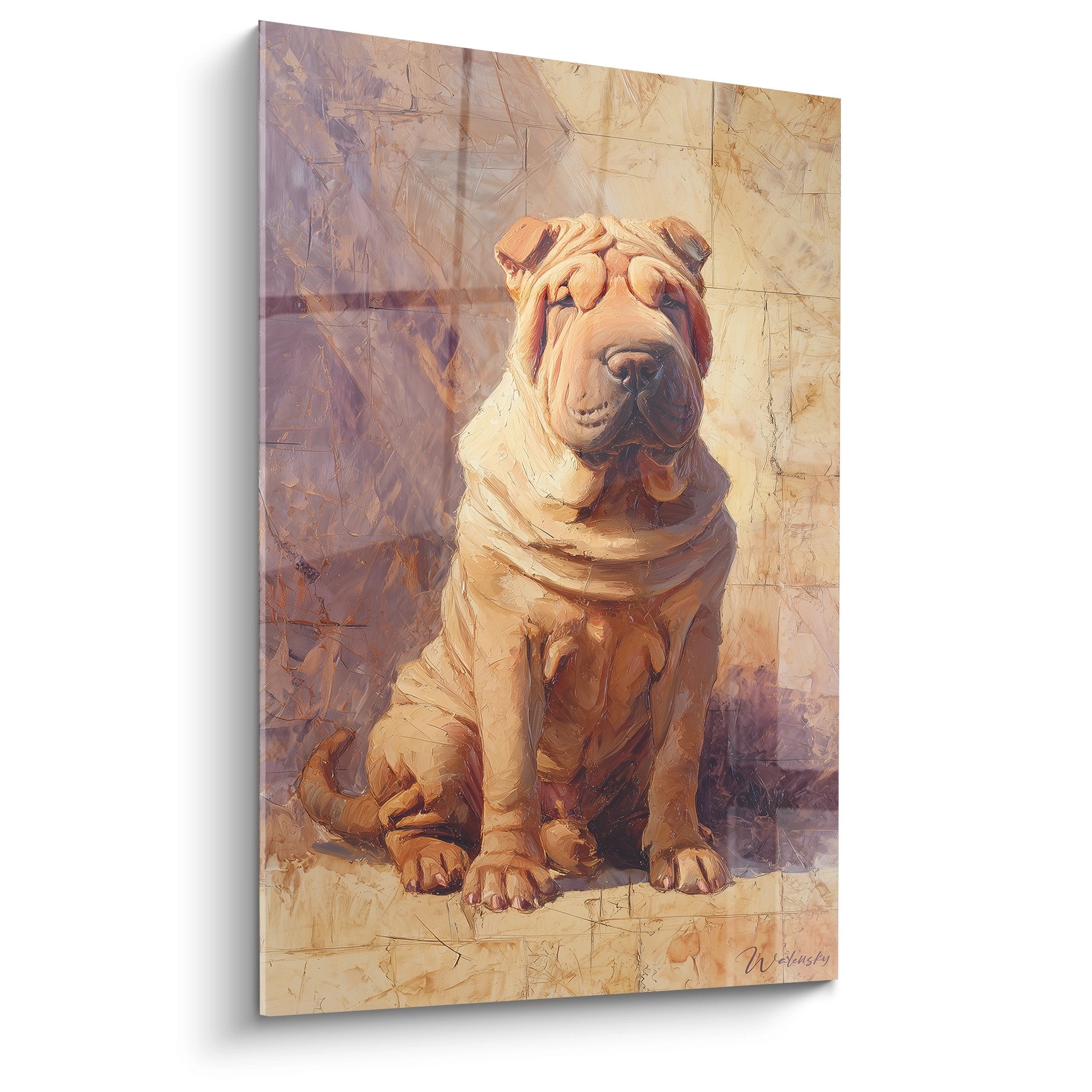 Portrait artistique de Shar Pei assis aux tons dorés et ocre sur fond ambré texturé