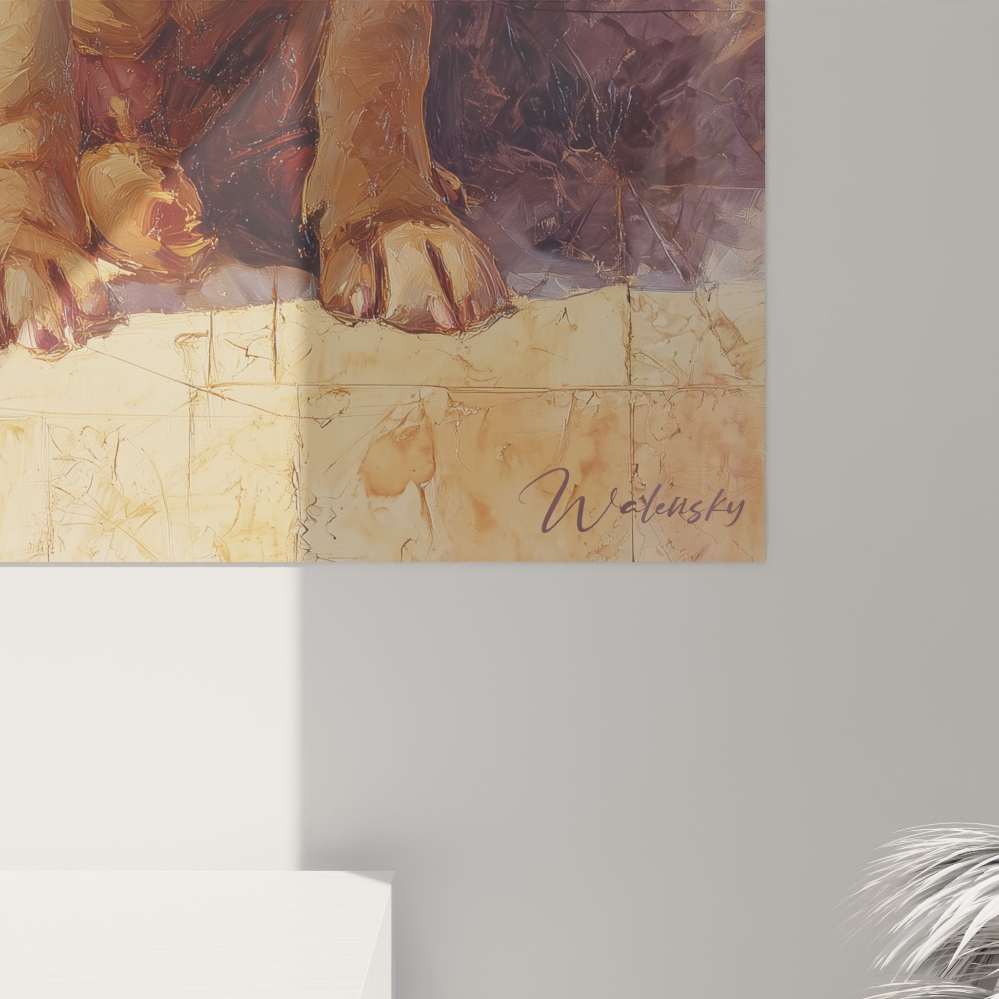 Vue d'ensemble du tableau Shar Pei dans salon moderne avec mobilier bois naturel