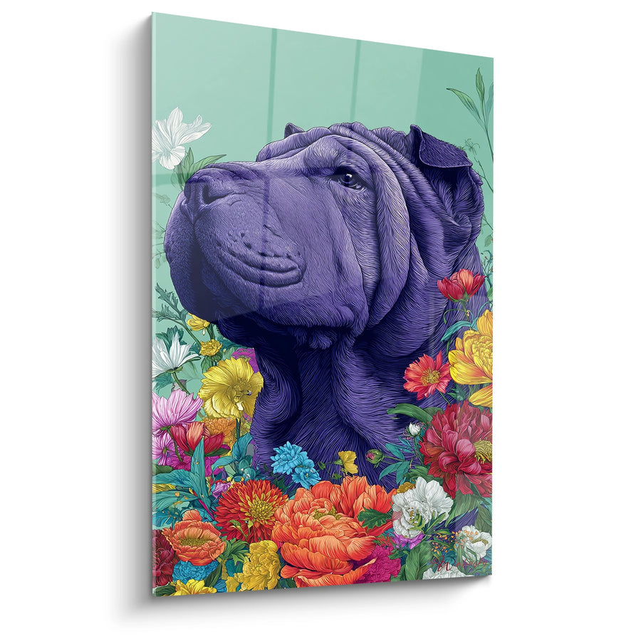 Obraz Shar Pei w Fiolecie z Kolorowymi Kwiatami - Portret Kwiatowy - Edycja Shar Pei