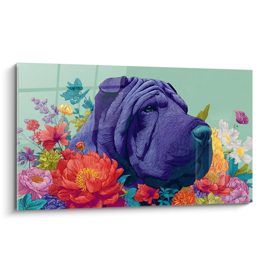 Tableau Shar Pei Violet aux Fleurs Colorées - Portrait Floral Vibrant - Edition Shar Pei