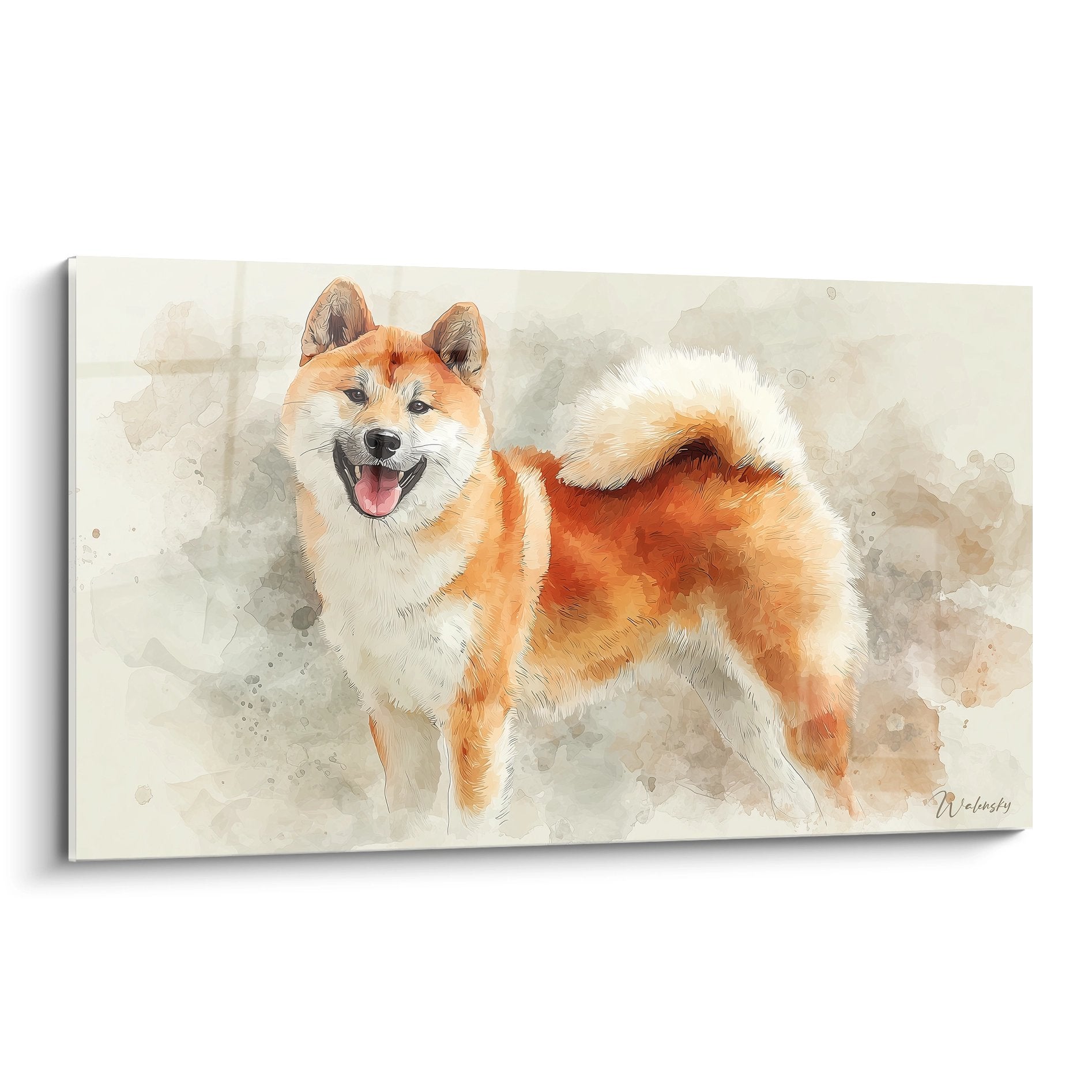 Tableau aquarelle Shiba Inu joyeux langue rose sortie pelage orange et blanc fond gris beige style artistique