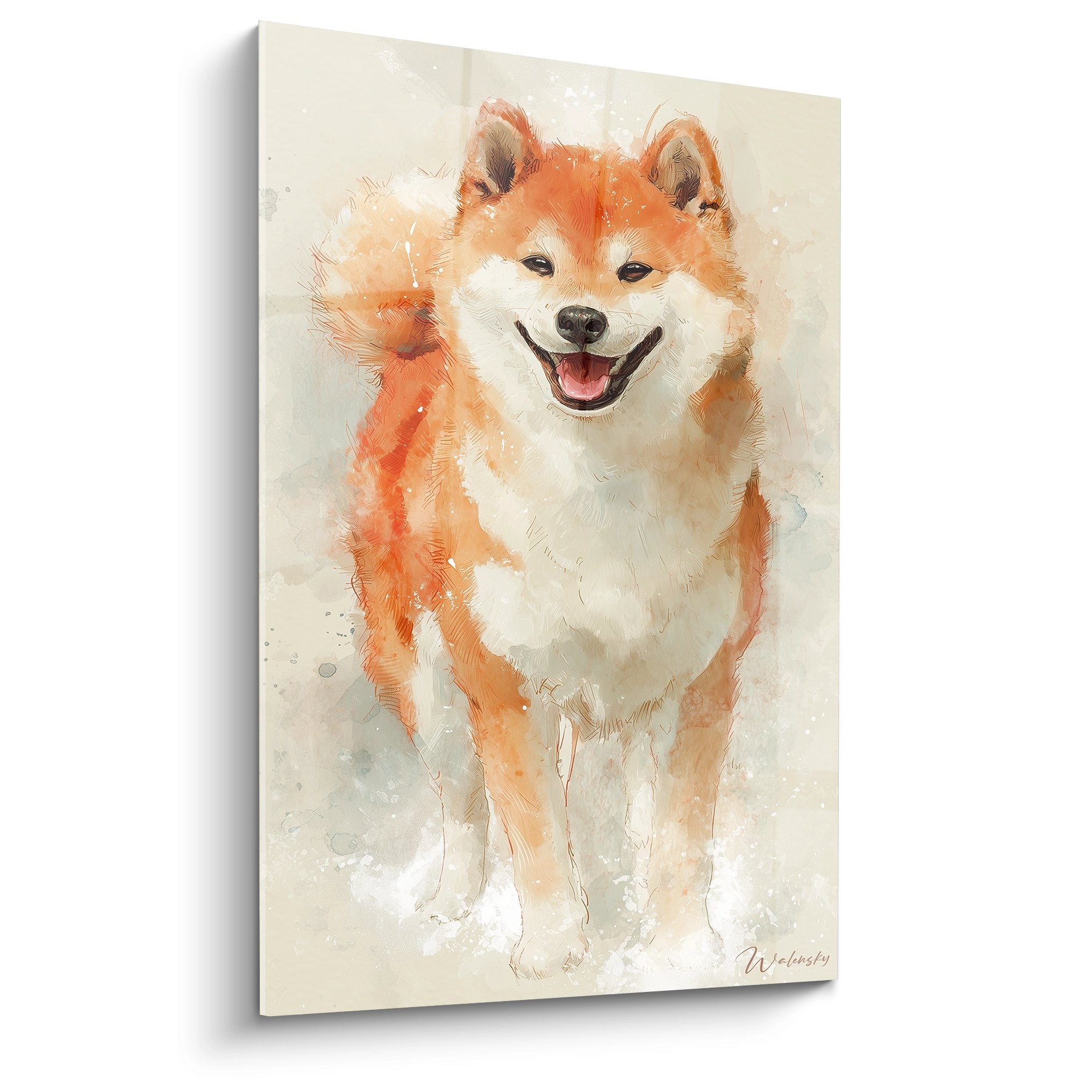 Tableau aquarelle Shiba Inu souriant aux tons oranges et crème sur fond beige